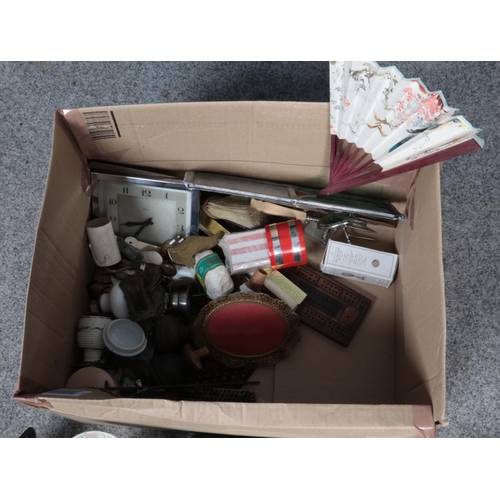 222 - A box of collectables. Includes Tala measure, copper kettle, handles, stained glass panel etc.