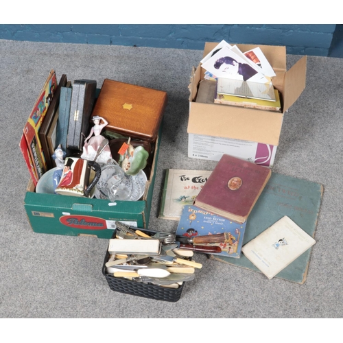 247 - Three boxes of miscellaneous. Includes Royal Doulton, cutlery, books, John Peel tankard etc.