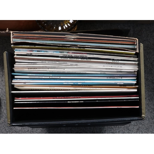 293 - Three boxes of miscellaneous and a carry case of LP records. Includes atomic magazine rack, Wedgwood... 