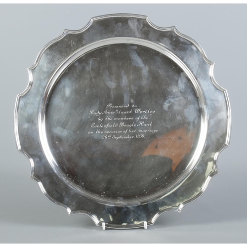 113 - A large silver plated marriage presentation plate, Presented to Lady Ann Stuart Wortley by Ecclesfie... 