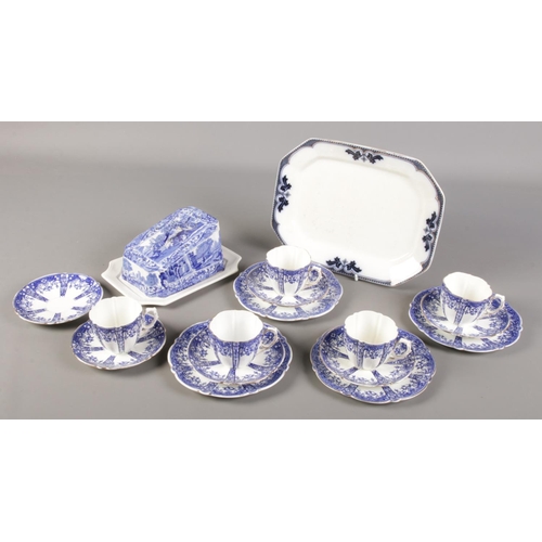 157 - A small quantity of blue and white. Includes four Aynsley trios RN123530.