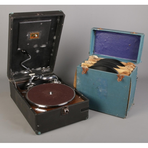 183 - A cased His Master Voice picnic gramophone along with a quantity of records.