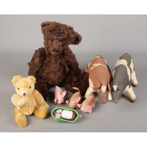 199 - A collection of soft toys. Includes fully jointed bear, Hermann bear, Brendatoys etc.