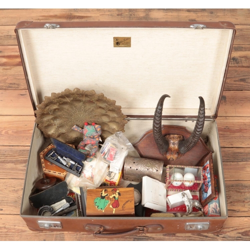 214 - The Globe Trotter vintage suitcase with contents of collectables. Includes mounted antlers, Liberty ... 