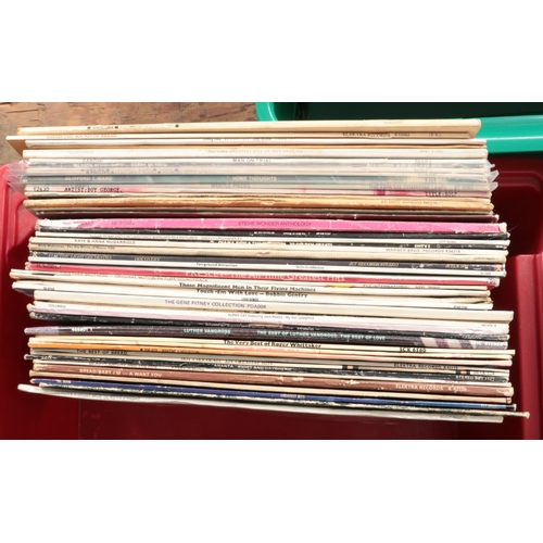 220 - Five boxes of LP and single records. Includes Blondie, Eric Clapton, The Swing Era box sets etc.