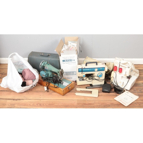 223 - A quantity of sewing equipment. Including sewing machines, patterns, lace, etc.