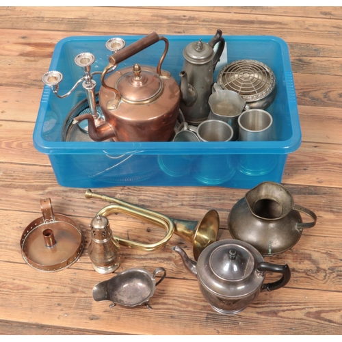 228 - A box of metalwares. Includes copper kettle, silver plated items, brass trumpet etc.