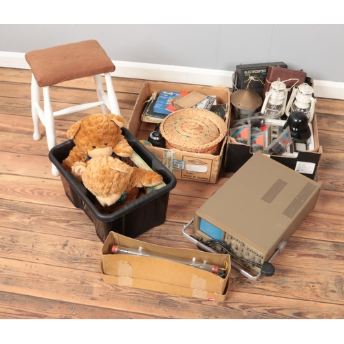 232 - Three boxes of miscellaneous. Includes calorimeter, Webby bears, Gould oscilloscope, stool etc.