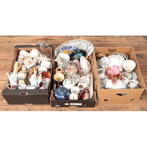 236 - Three boxes of miscellaneous. Includes Royal Doulton willow, Carlton Ware, carnival glass etc.