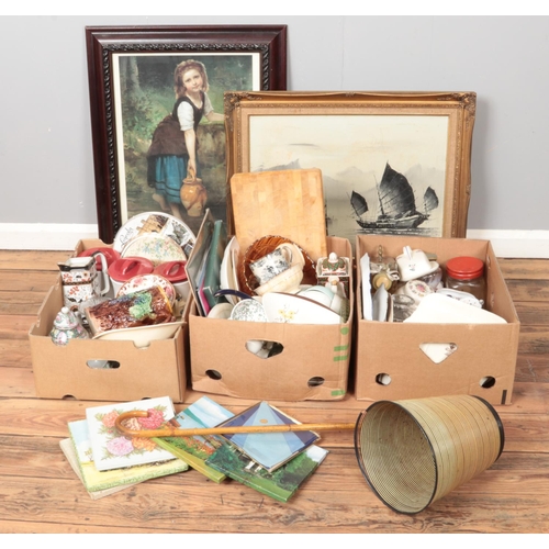 239 - Three boxes of miscellaneous. Includes framed pictures, Majolica style jug, Royal Doulton Bunnykins,... 