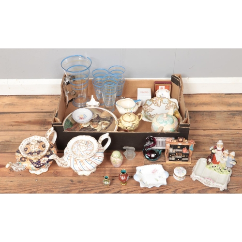 249 - A box of miscellaneous. Including Victorian teapots, small cloisonné vases, glass lemonade set, shel... 