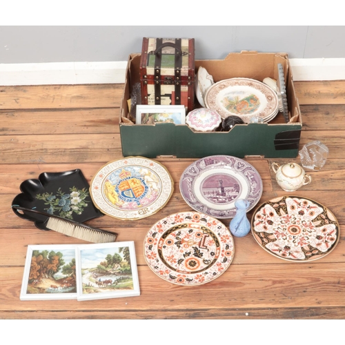 250 - A box of miscellaneous. Including paper mache crumb tray and brush, framed printed tiles, art glass ... 