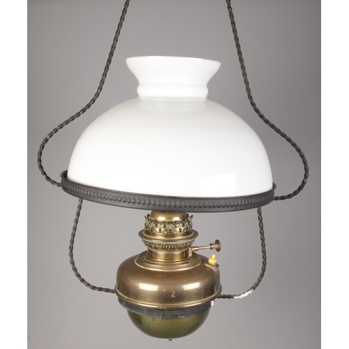 263 - A brass and glass oil ceiling lamp converted to electric.