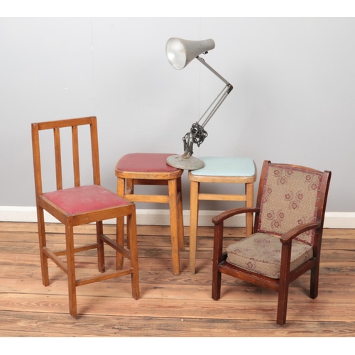 295 - A pair of vintage stools along with a similar chair, a child's chair and an angle poise lamp.