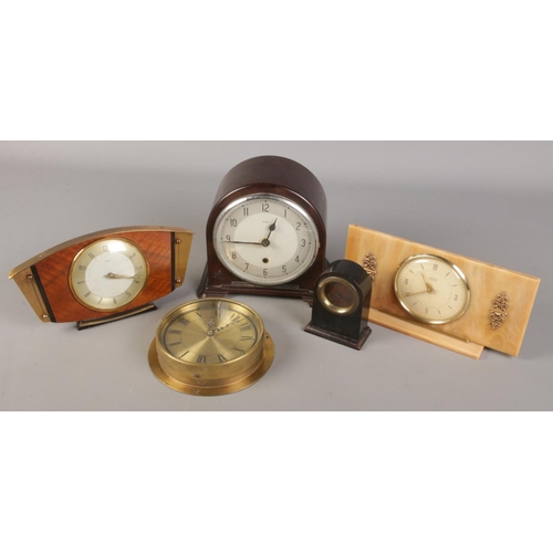 72 - Five vintage clocks. Includes Enfield bakelite example, Metamec etc.