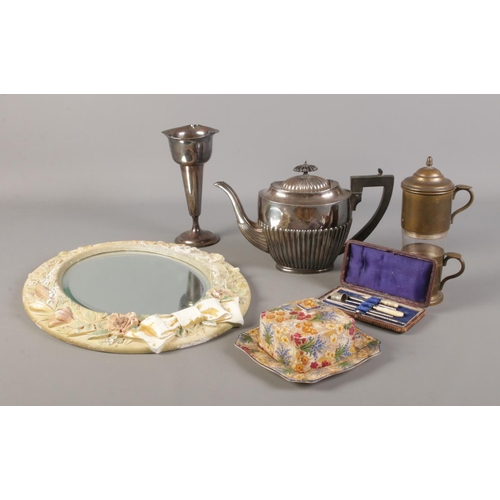 166 - A collection of assorted items, to include Bossons mirror, bone sewing kit, coffee percolator and Ro... 