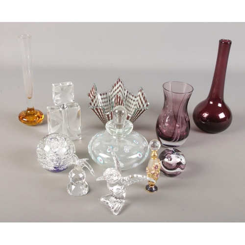 182 - A collection of art glass. Including handkerchief bowl, paperweights, scent bottles, vases, etc.