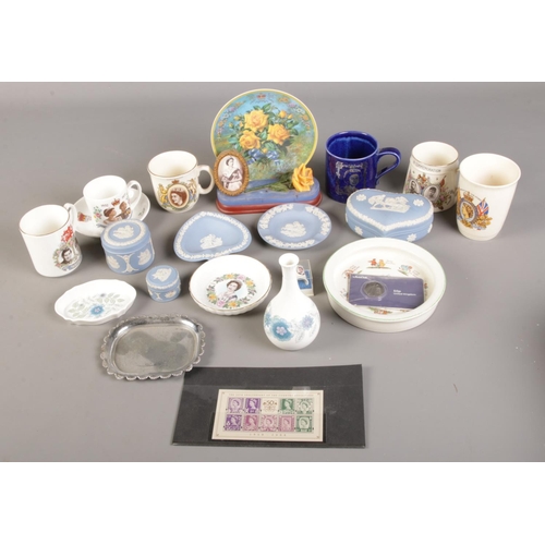 210 - A collection of ceramics and postage stamps. To include Wedgwood jasperware, Her Majesty Queen Eliza... 