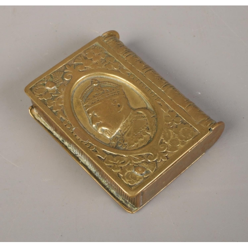 396 - A King George V double hinged brass vesta case, inscribed 'Long Live the King' together with novelty... 