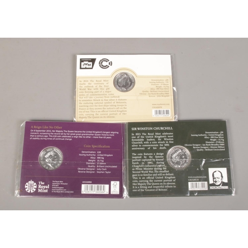 401 - The Royal Mint: Three £20 fine silver coins depicting Winston Churchill (2015), 'The Longest Reignin... 