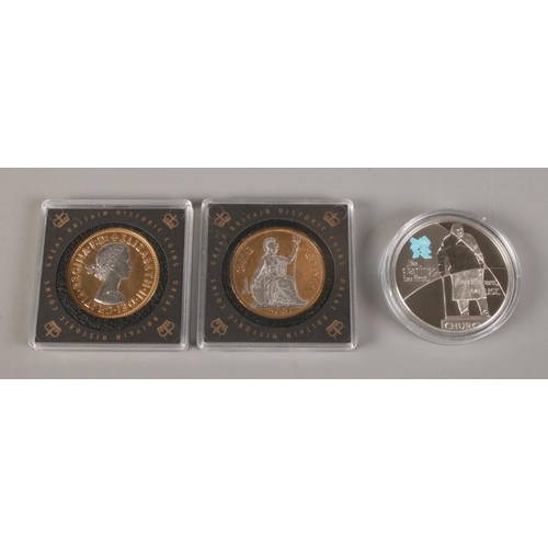 414 - Three commemorative coins; including Royal Mint Winston Churchill 2010 Olympic Games £5 Proof Coin a... 