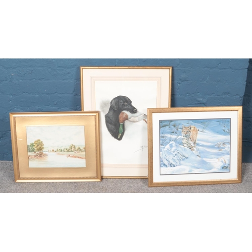 376 - Three framed pictures. Includes watercolour landscape scene, hunting dog example and a Lindsey Fogge... 