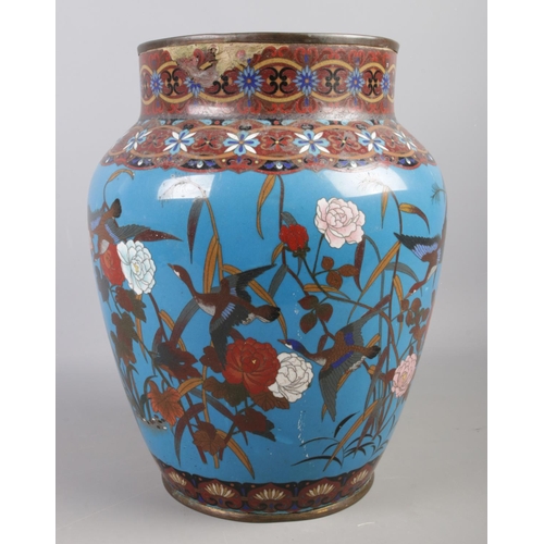 142 - A large oriental Cloisonné enamelled vase. Decorated with birds amongst foliage designs on blue grou... 