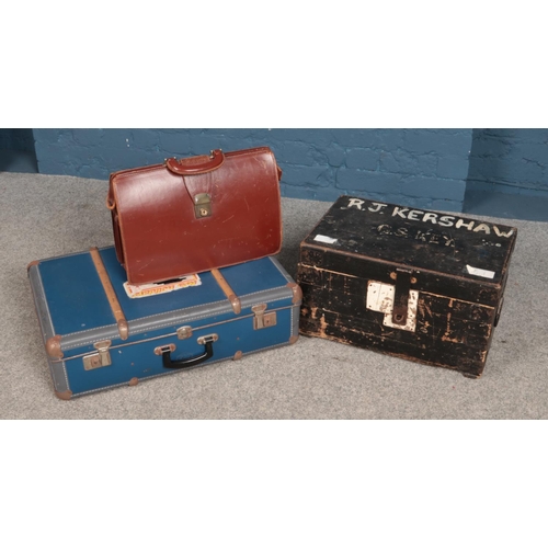 344 - A small painted wooden tool chest along with a vintage suitcase and briefcase.