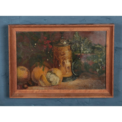 360 - A framed still oil painting on board, depicting fruit, stein and holly. Signed F.A.R to the bottom r... 