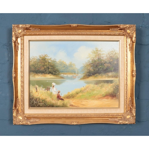 364 - A Les Parson (Born 1945) gilt framed oil on canvas. Two children watching boats on the river. Dimens... 