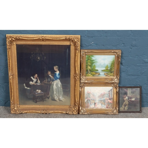 407 - Two gilt framed oil on canvas paintings of landscapes, together with two prints, on large gilt frame... 