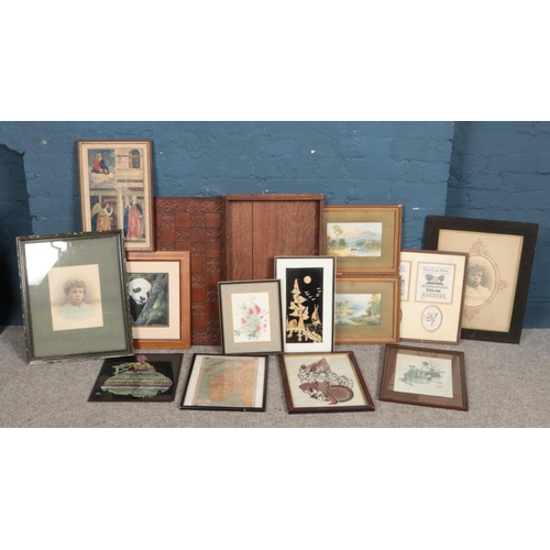 409 - A collection of mainly framed pictures, includes large chess board and oak tray.