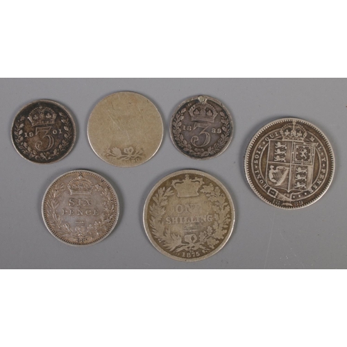 424 - Six Victorian silver coins. Includes two One Shillings, two Six Pence and two Three Pence.