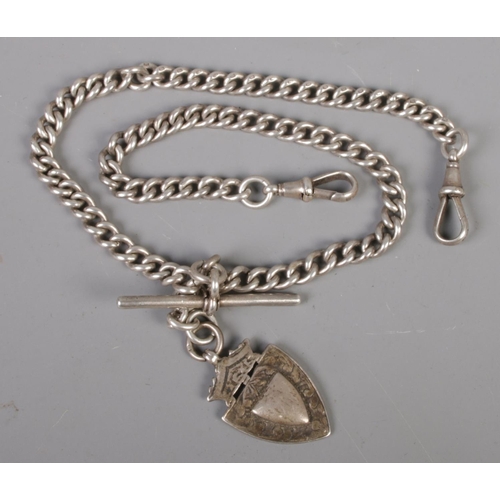 460 - A silver double Albert chain with T bar and fob. 42g.