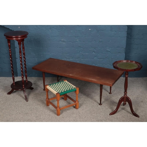 507 - A teak Meredew Furniture coffee table along with a mahogany barley twist plant stand and mahogany le... 