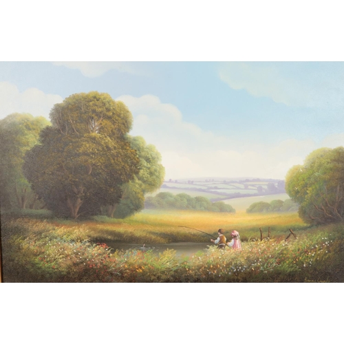 361 - A Terence Grundy (Born 1956) gilt framed oil on canvas. Landscape with two children fishing. Dimensi... 