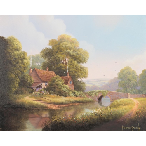 363 - A Terence Grundy (Born 1956) gilt framed oil on canvas. Cottage on river with bridge landscape. Dime... 