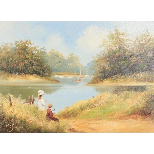 364 - A Les Parson (Born 1945) gilt framed oil on canvas. Two children watching boats on the river. Dimens... 