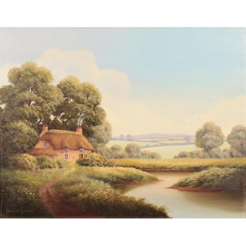 365 - A Terence Grundy (Born 1956) gilt framed oil on canvas. Cottage by the river landscape. Dimension in... 