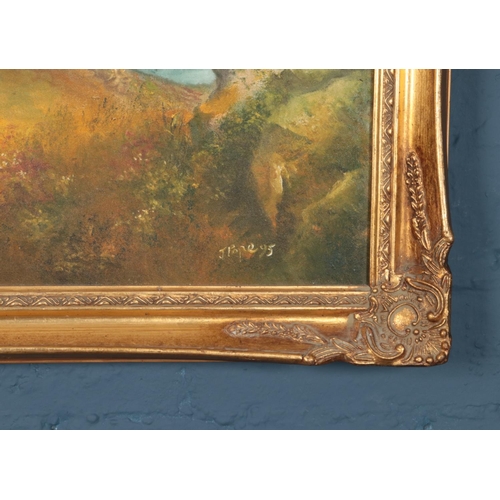 367 - A pair of J.Pope oil on canvas landscapes. One in gilt frame (dimensions including frame 85cm x 60cm... 