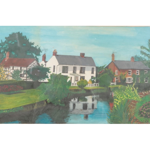 378 - A D. Tunstill (signed 1993) painting depicting the River Harrow in Eardisland, Herefordshire. Mounte... 