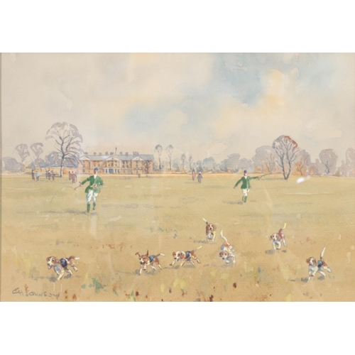 392 - A pair of C Johnson watercolours (signed 1982) in wood effect frames depicting a party of fox hunter... 