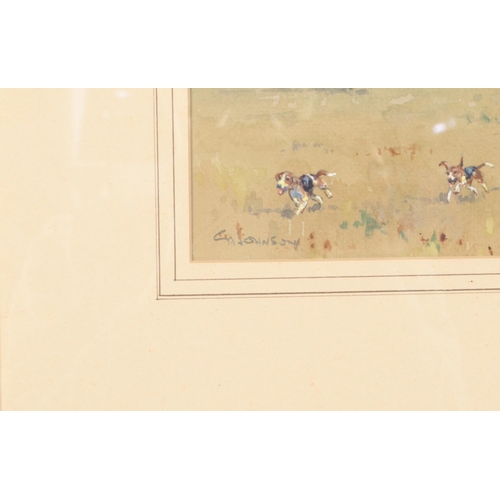 392 - A pair of C Johnson watercolours (signed 1982) in wood effect frames depicting a party of fox hunter... 