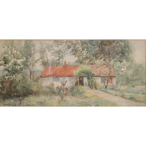 394 - A pair of framed watercolours. Cottage scenes,  signed N.Howroy and N.H Burden. Dimensions including... 