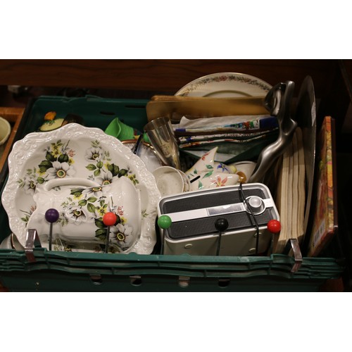 303 - Two boxes of miscellaneous including Carlton Ware jug and hammered silver plate tea pot.