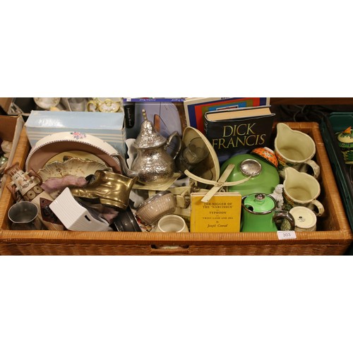 303 - Two boxes of miscellaneous including Carlton Ware jug and hammered silver plate tea pot.