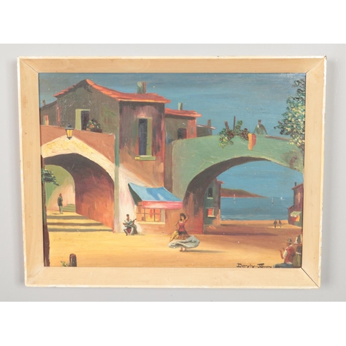 345 - In the style of Cecil Rochfort D'Oyly-John, a framed oil on board, Continental coastal town scene at... 