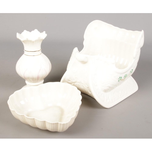 145 - Three pieces of Belleek porcelain. Includes two Millennium pieces.