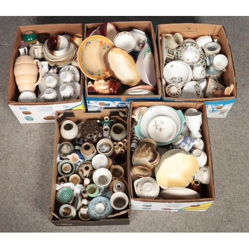 209 - Five boxes of assorted ceramics, to include character jugs, Poole, CarltonWare dish and a collection... 