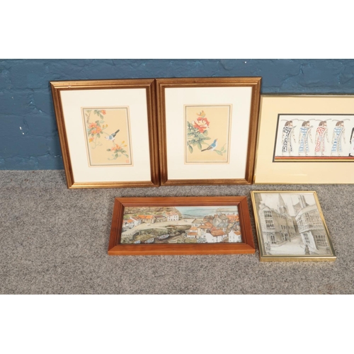 323 - A quantity of pictures including two Asian paintings on silk, 